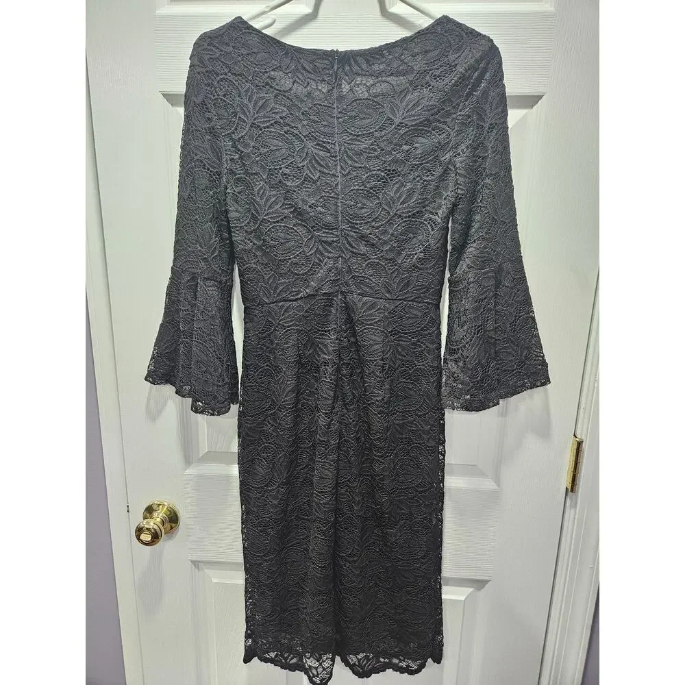 Mikarose Black Lace Modest Midi Dress Bell Sleeve Elegant Occasion XS - Picture 5 of 7